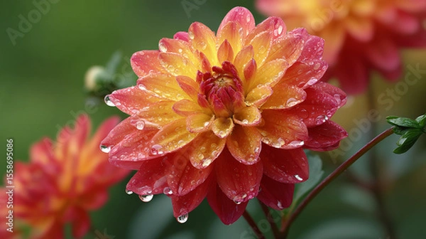 Fototapeta Image of a beautiful blooming flower with dewdrops on its petals