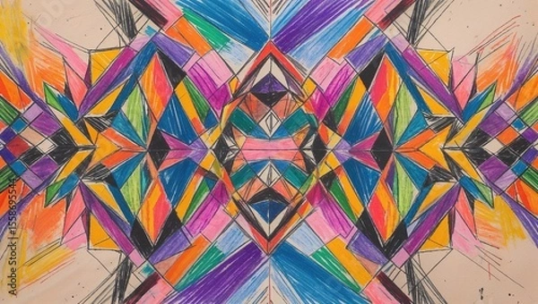 Obraz Striking symmetrical design features bold geometric shapes in a variety of colors. The intricate arrangement highlights creative expression and artistic flair, inviting viewer engagement