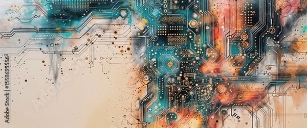 Obraz The artwork features an abstract representation of a circuit board, combining vibrant colors with intricate patterns. The composition conveys a sense of connectivity and technological energy