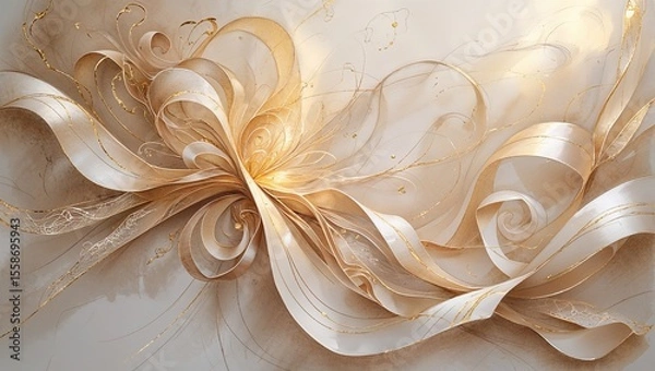 Obraz This artwork features a complex arrangement of elegant, flowing ribbons and intricate patterns. Soft golden tones blend harmoniously, creating a sense of movement and depth in the piece
