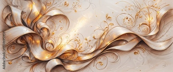 Obraz An ornate abstract sketch showcases flowing ribbons intertwined with whimsical floral elements, accented by soft colors and a touch of gold. The composition exudes elegance and creativity