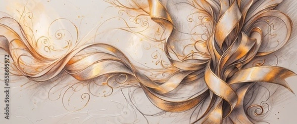 Obraz This artwork showcases a beautiful arrangement of flowing lines and golden ribbons, creating an elegant design with intricate swirls and patterns, evoking a sense of movement and grace
