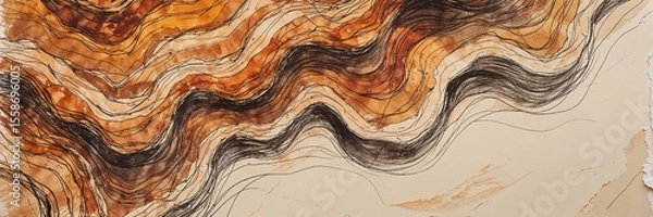 Obraz This artwork showcases a mesmerizing arrangement of flowing lines in warm tones of brown and orange. The wavy patterns evoke a sense of movement and depth, blending various shades artistically