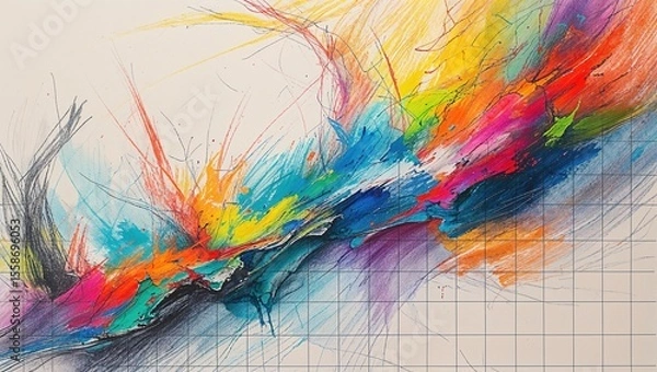 Obraz A captivating abstract sketch showcases an explosion of colors merging in a fluid motion. The vibrant hues harmonize seamlessly, bringing energy and creativity to the grid below