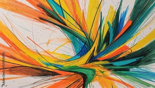 Obraz A colorful abstract sketch features swirling lines in shades of orange, green, and yellow, conveying a sense of movement and energy in an expressive artistic style, evoking emotion