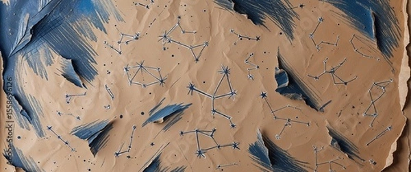 Obraz This abstract sketch showcases a textured surface featuring constellations rendered in blue hues against a brown background. The artistic representation emphasizes celestial themes