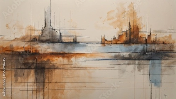 Obraz This artwork showcases an abstract interpretation of a serene landscape, featuring soft lines, warm hues, and a reflective quality suggesting dusk. It invites contemplation and imagination