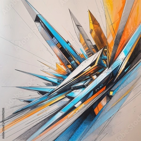 Obraz Intricate composition of sharp angles and vibrant hues depicting a dynamic abstract theme. Various colors like orange and blue create depth and movement, engaging the viewer's imagination