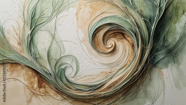 Obraz Intricate swirls and curves merge with soft, natural hues, creating a harmonious composition emphasizing fluid movement and the beauty of organic design