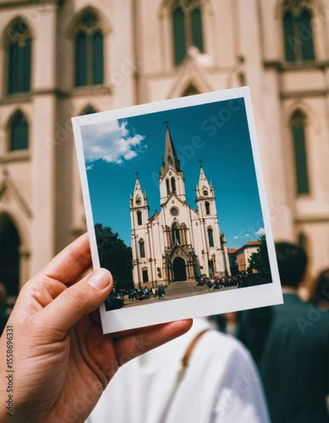 Fototapeta Hand holding a photograph of a Gothic cathedral against the actual backdrop of the same building. Capture highlights architectural symmetry and the vibrant fusion of past and present.
