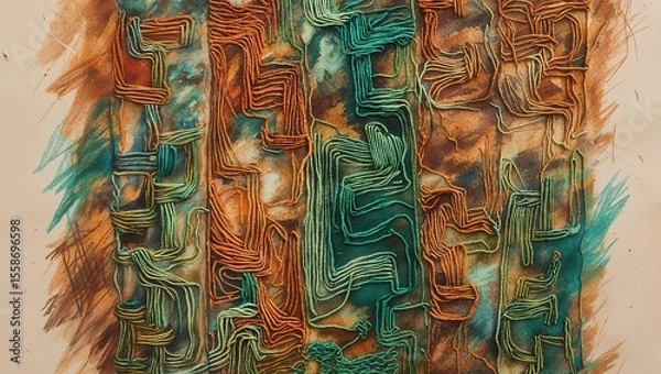 Obraz Colorful yarn-like patterns weave across a textured surface, showcasing shades of green, brown, and orange. The abstract design invites contemplation and interpretation
