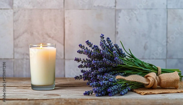 Fototapeta A lavender bouquet and a lit candle on a rustic wooden table create a soothing ambiance.