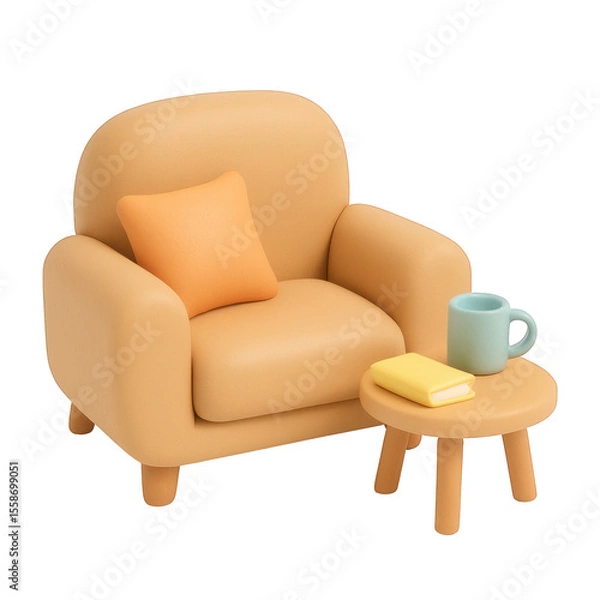 Fototapeta 3D claymorphic chair with a pillow and side table featuring a cup and a book on a transparent background