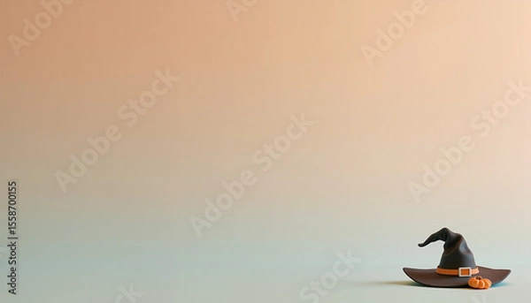Fototapeta Minimalist Halloween scene with witch hat and pumpkin against a gradient background, with space for text