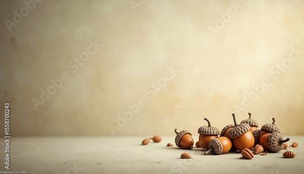 Fototapeta Scattered acorns on warm gray to golden gradient, with space for text