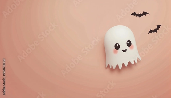 Fototapeta Cute ghost with bats on pink gradient, with space for text