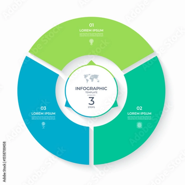 Obraz Vector infographic circle divided into 3 steps. Cycle diagram with 3 options. Round chart that can be used for report, business analytics, data visualization and presentation, educational content.