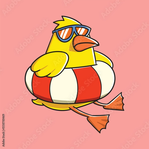 Fototapeta Duck Cartoon Relaxing at Sunset with Sunglasses and Swim Ring