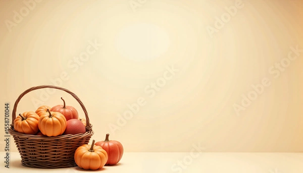 Fototapeta Pumpkins and an apple in a basket on light beige background, with space for text