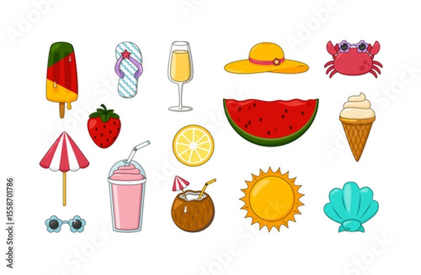 Obraz Cute Summer Cartoon Doodle Vector Icon Set. Fun Hand-Drawn Vacation Summer Elements collection isolated on white background. Travel Items for Posters, Patterns, Stickers, and Design Projects.