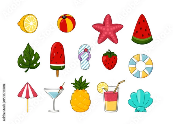 Obraz Cute Summer Cartoon Doodle Vector Icon Set. Fun Hand-Drawn Vacation Summer Elements collection isolated on white background. Travel Items for Posters, Patterns, Stickers, and Design Projects.