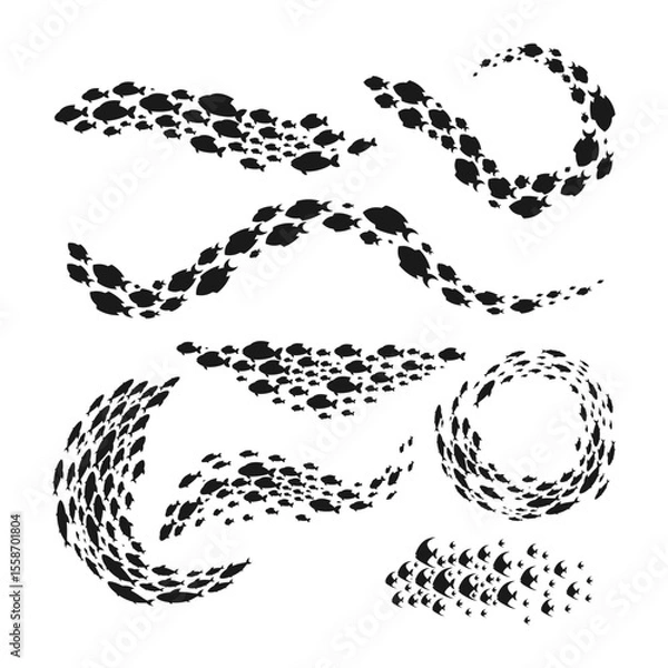 Obraz Set of school of fish silhouette set collection, Black flock fish. Swirling fish shoals creating dynamic shape in the ocean. Underwater and marine life schools form frame and border illustration