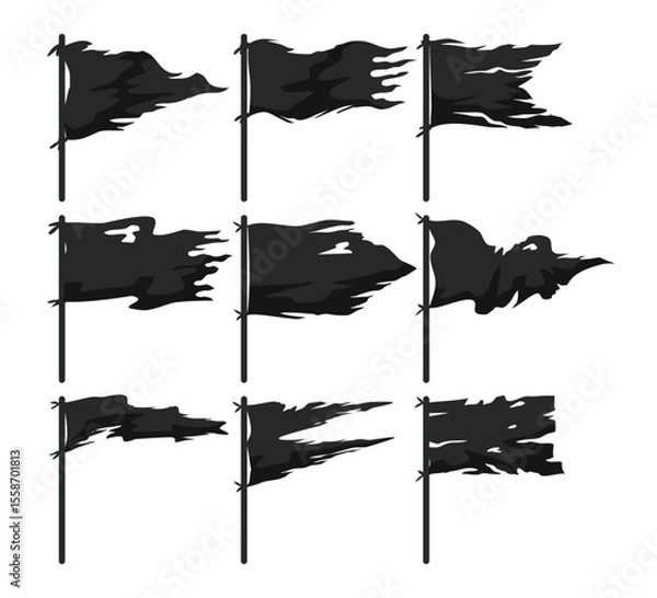 Obraz Set of ripped flag silhouette set collection, Blank torn pirate flag icon, waving old torned flag, ripped banner and grunge. pirate flag, isolated on white background vector illustration.
