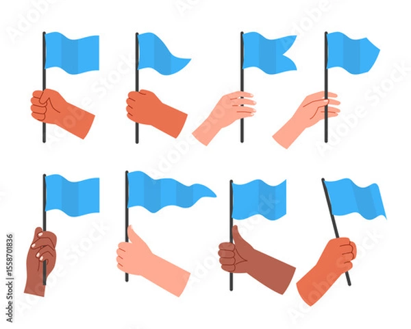 Obraz Set of hand holding flag set collection, protest demostration or picket concept, blue flag cartoon, raised waving flag held by hand, isolated on white background, vector illustration.