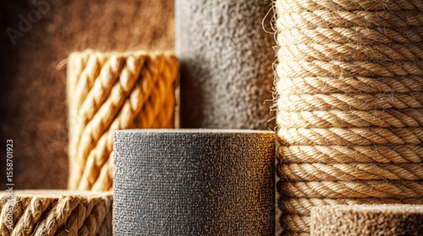 Fototapeta Macro shot of various cat scratching posts with fabric and rope textures in different shapes and sizes, pet store display