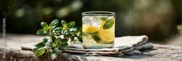 Fototapeta Refreshing summer drink with lemon and mint on rustic table for natural hydration in hot weather, banner