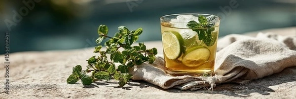 Fototapeta Banner with Iced tea with lime and mint leaves by the poolside offering refreshing escape from summer heat
