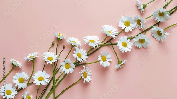 Fototapeta A simple and clean concept with white daisy chamomile flowers set on a soft pink background. Perfect for creative lifestyle, summer, and spring visuals. Offers copy space, flat lay, and top view