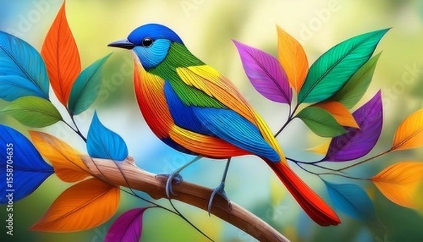 Fototapeta colorful stylized bird perched on a branch with abstract leaves