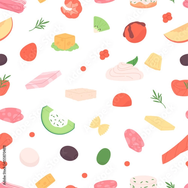 Fototapeta Cut food ingredients seamless pattern. Salmon slice, caviar, cheese and jamon, fruits, mozzarella, mortadella, cucumber and olive. Print vector design