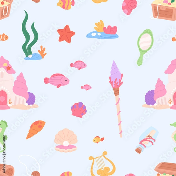 Fototapeta Cute elements, fish, treasure, underwater princess castle with seashells. Cartoon fairy tale seamless pattern, mermaid elements vector background