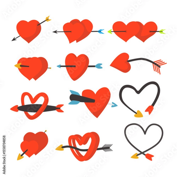 Obraz Set of Red Heart with Arrow set collection, Romantic Love Symbol, Cupid Shot, Dating, Wedding, Affection, or Relationship Design, perfect for invitation and greeting card. Vector illustration