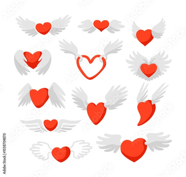 Obraz Set of Red Heart with Wings set collection, Decorative Cute Love Elements Collection, Flying Symbol, Red Romantic Sticker Design, Love symbol for greeting cards illustration vector
