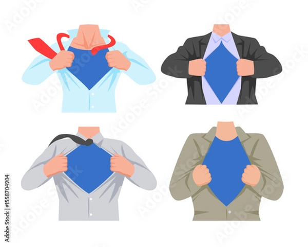 Obraz Set of man open shirt set collection with empty space or blank space for text. Comic superhero concept, businessman or brave father reveal costume fashion symbol or logo. Vector illustration