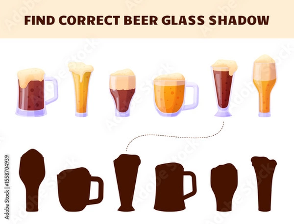 Fototapeta Entertainment game for adults, find correct beer glass shadow. Bar or pub play template with cartoon drinks, Oktoberfest party joke, vector template
