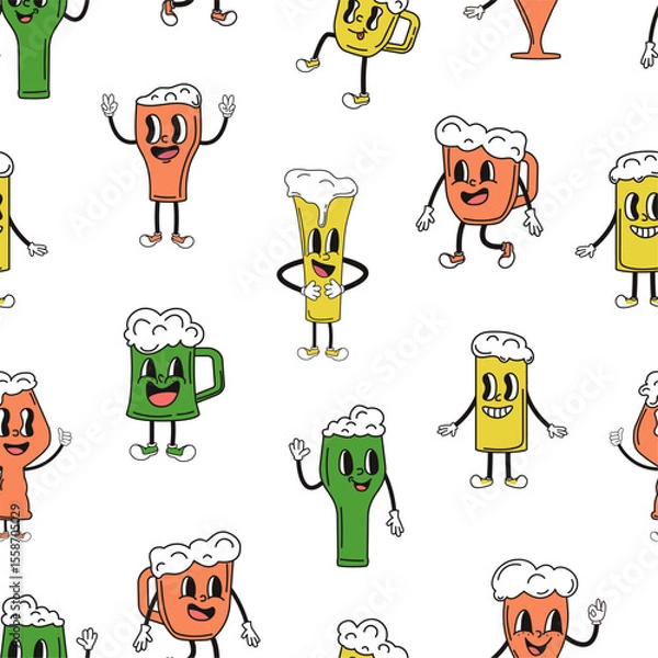 Fototapeta Groovy beer glasses characters. Comic glass with drinks with foam. Retro style creatures. Oktoberfest seamless pattern template, vector background