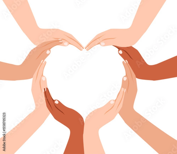Obraz Unity and diversity forming heart of a diverse group of people connected together as a supportive symbol of sense of and togetherness. Diverse Hands Forming Heart Symbol of Unity, Love, Friendship