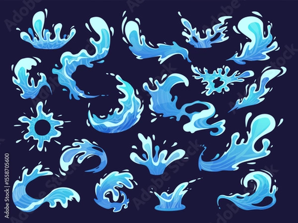 Fototapeta Blue water cartoon splashes. Liquid waves, ocean or sea shapes. Drinking elements, isolated splash and spirals. Decorative watering nowaday vector elements