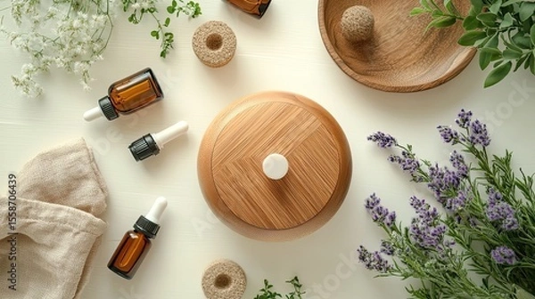 Obraz Wooden aroma diffuser with essential oil bottles flatlay, home fragrance and wellness scene with clean design