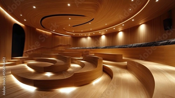 Obraz Wooden auditorium interior with curved seating, showcasing modern design