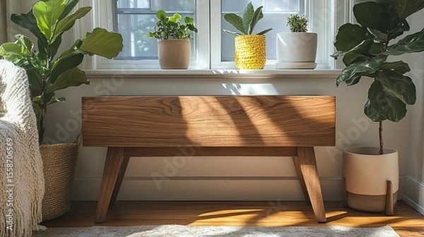 Obraz Wooden bench with hidden storage compartment, combining function and design