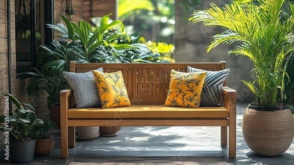 Obraz Wooden bench with plush cushions, inviting relaxation in outdoor space