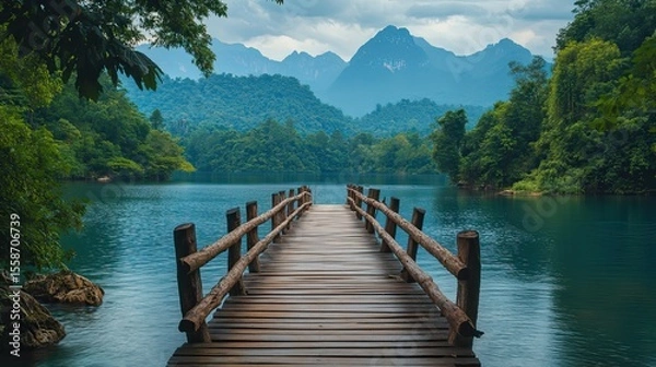 Obraz Wooden bridge over river with mountain view, scenic natural landscape for travel, hiking, adventure or calm theme