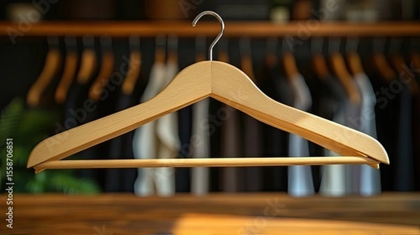 Obraz Wooden clothes hanger holding neatly arranged garments, promoting organization