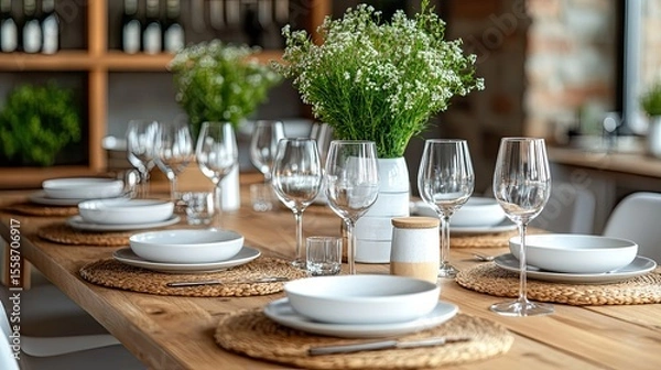 Obraz Wooden dining table set with plates and cutlery, preparing for meal gathering