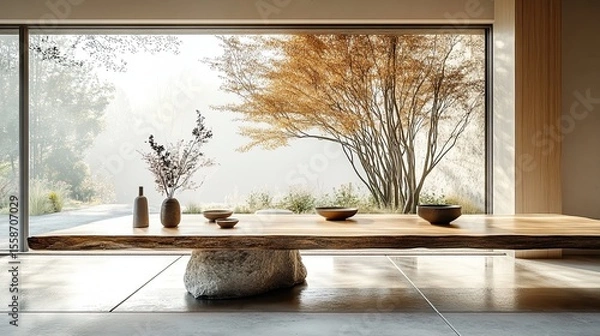Obraz Wooden table with glass reflections in daylight, minimal modern interior design scene with natural materials